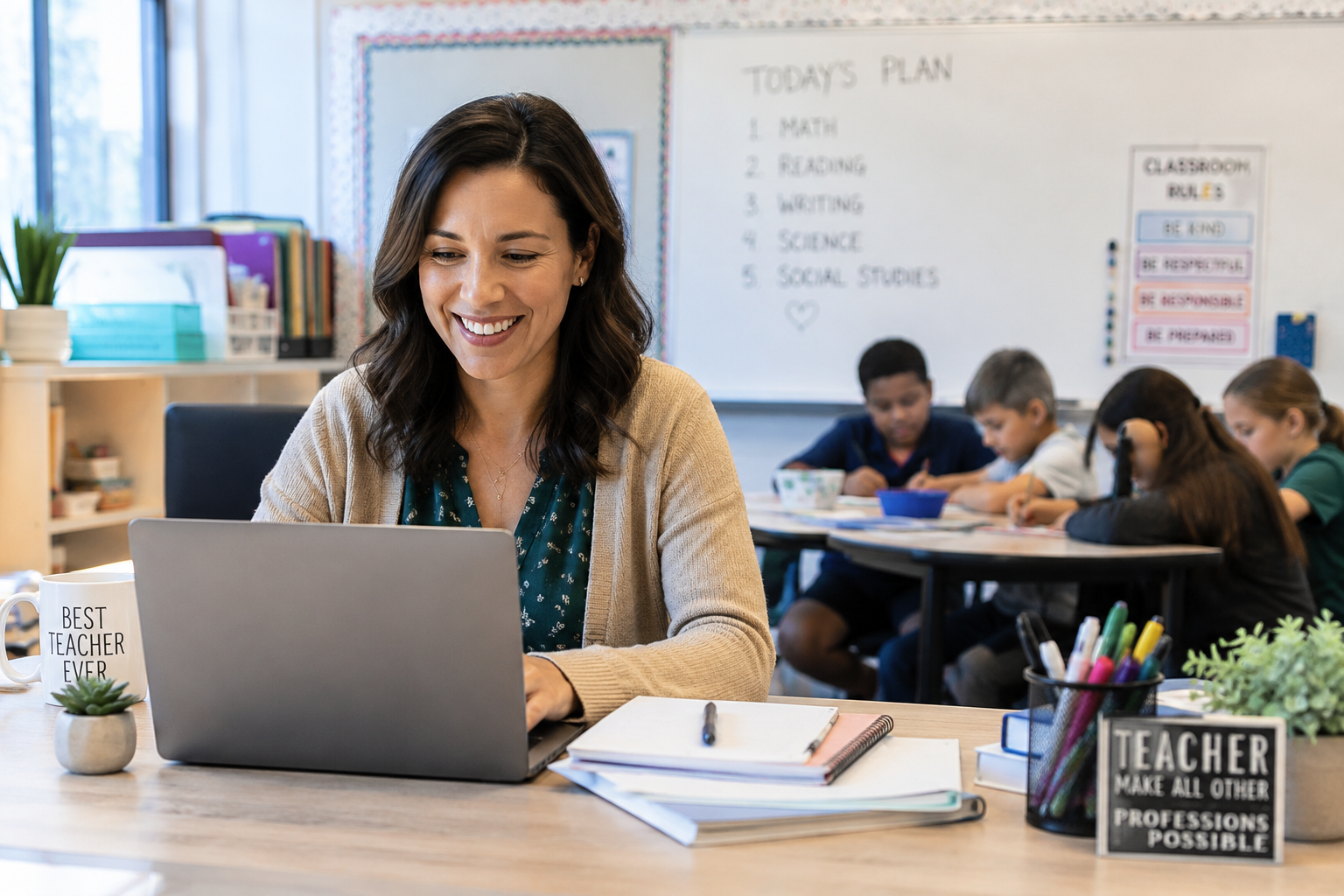 Teacher smiling at laptop in classroom while students work in background